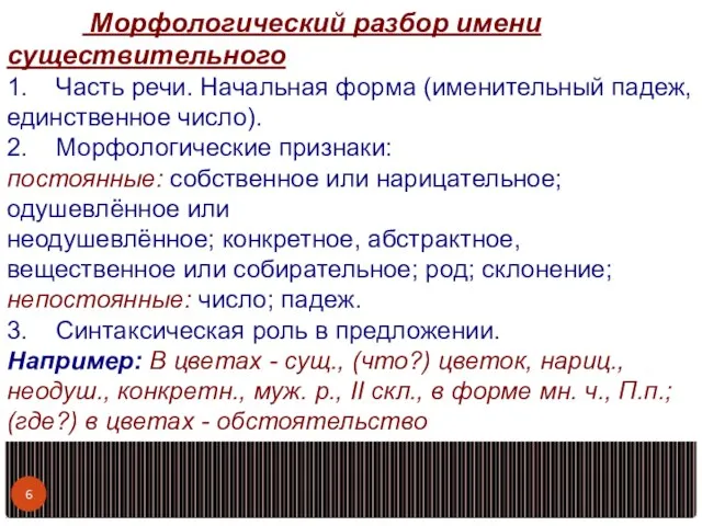 Морфологический разбор имени существительного 1. Часть речи. Начальная форма (именительный падеж,