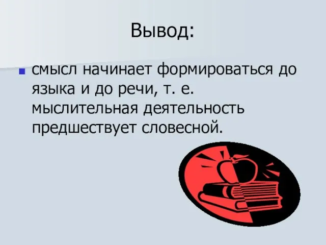 Вывод: смысл начинает формироваться до языка и до речи, т. е. мыслительная деятельность предшествует словесной.