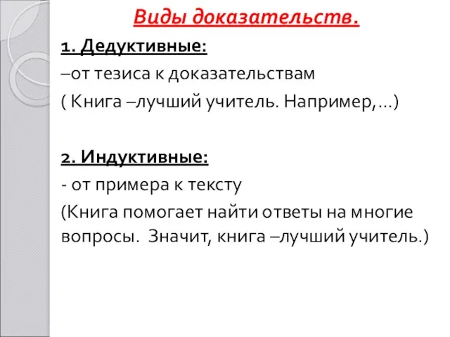 Виды доказательств. 1. Дедуктивные: –от тезиса к доказательствам ( Книга –лучший