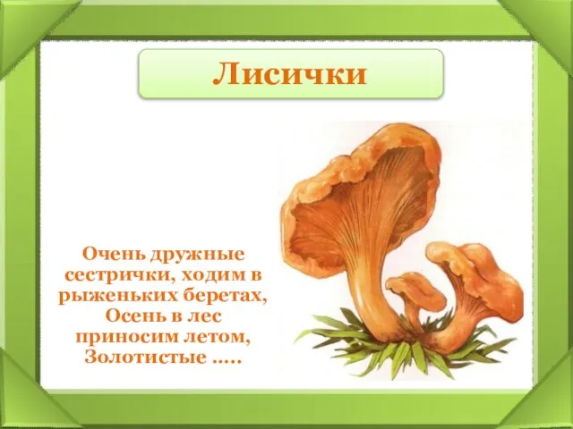 Очень дружные сестрички, ходим в рыженьких беретах, Осень в лес приносим летом, Золотистые ….. Лисички