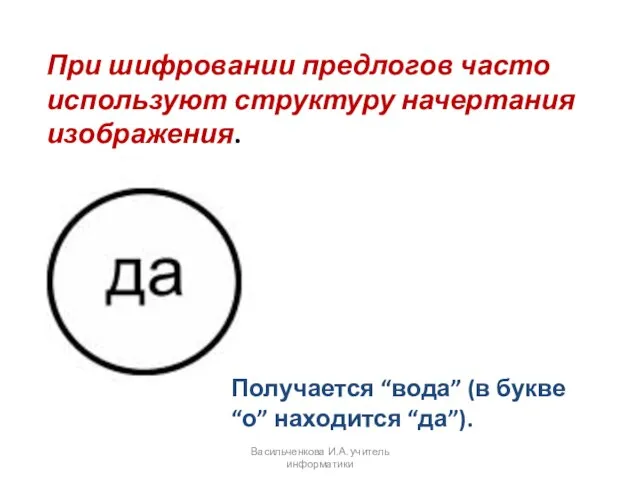 При шифровании предлогов часто используют структуру начертания изображения. Получается “вода” (в