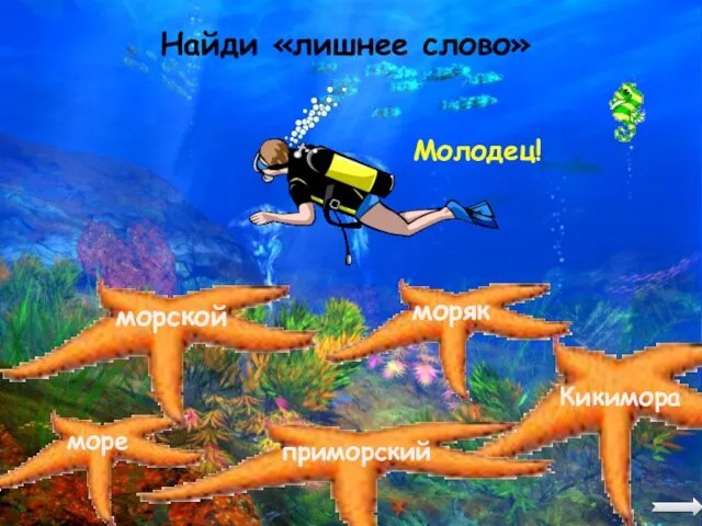 Найди «лишнее слово» море моряк морской приморский Кикимора Молодец!