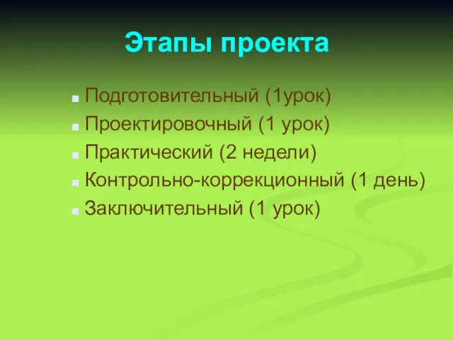 Этапы проекта Подготовительный (1урок) Проектировочный (1 урок) Практический (2 недели) Контрольно-коррекционный (1 день) Заключительный (1 урок)