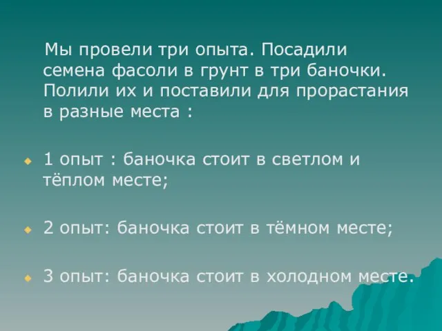 Мы провели три опыта. Посадили семена фасоли в грунт в три