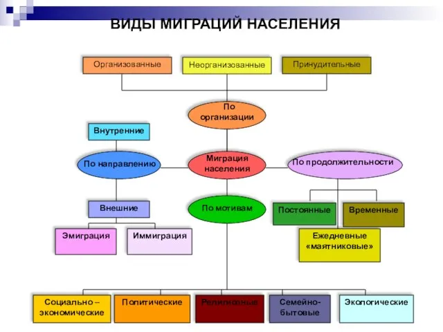 Организованные Неорганизованные Принудительные По организации Миграция населения По направлению По продолжительности