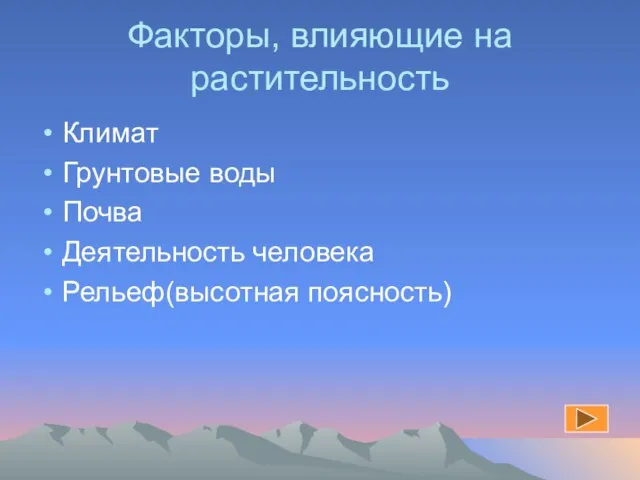 Факторы, влияющие на растительность Климат Грунтовые воды Почва Деятельность человека Рельеф(высотная поясность)