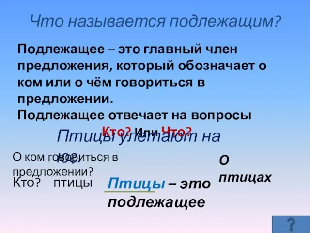 Что называется подлежащим? Подлежащее – это главный член предложения, который обозначает