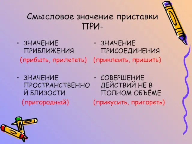 Смысловое значение приставки ПРИ- ЗНАЧЕНИЕ ПРИБЛИЖЕНИЯ (прибыть, прилететь) ЗНАЧЕНИЕ ПРОСТРАНСТВЕННОЙ БЛИЗОСТИ