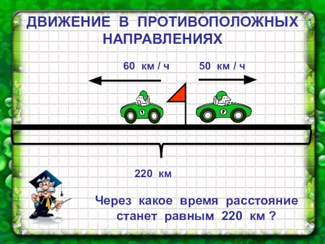 ДВИЖЕНИЕ В ПРОТИВОПОЛОЖНЫХ НАПРАВЛЕНИЯХ Через какое время расстояние станет равным 220 км ?