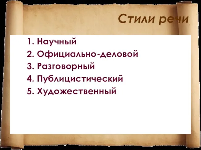 Стили речи 1. Научный 2. Официально-деловой 3. Разговорный 4. Публицистический 5. Художественный