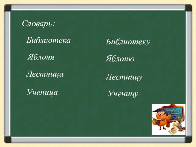 Словарь: Библиотека Яблоня Лестница Ученица Библиотеку Яблоню Лестницу Ученицу