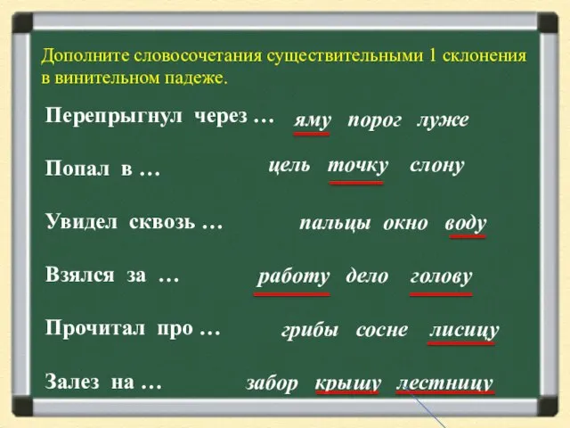 Дополните словосочетания существительными 1 склонения в винительном падеже. Перепрыгнул через …