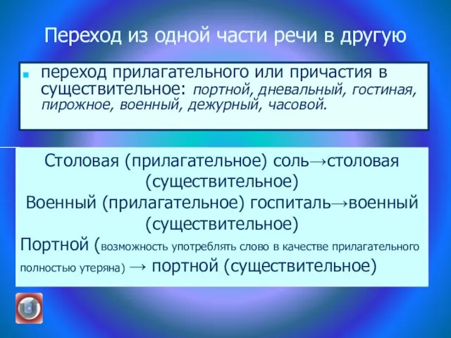 Переход из одной части речи в другую переход прилагательного или причастия