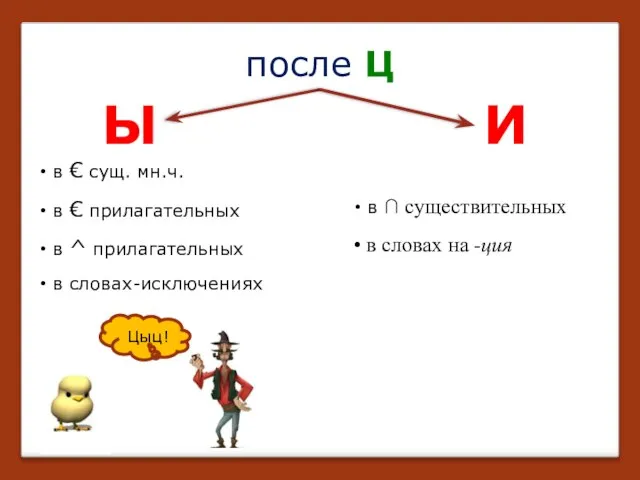 Ы И после Ц в € сущ. мн.ч. в € прилагательных