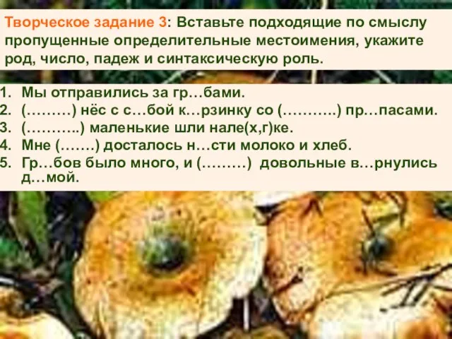 Творческое задание 3: Вставьте подходящие по смыслу пропущенные определительные местоимения, укажите