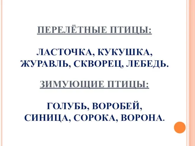 ПЕРЕЛЁТНЫЕ ПТИЦЫ: ЛАСТОЧКА, КУКУШКА, ЖУРАВЛЬ, СКВОРЕЦ, ЛЕБЕДЬ. ЗИМУЮЩИЕ ПТИЦЫ: ГОЛУБЬ, ВОРОБЕЙ, СИНИЦА, СОРОКА, ВОРОНА.