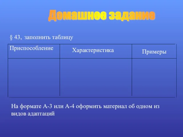 Домашнее задание Приспособление Характеристика § 43, заполнить таблицу Примеры На формате