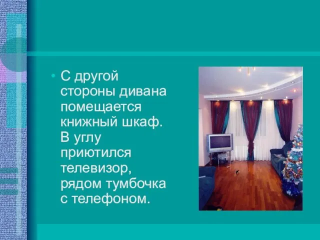 С другой стороны дивана помещается книжный шкаф. В углу приютился телевизор, рядом тумбочка с телефоном.