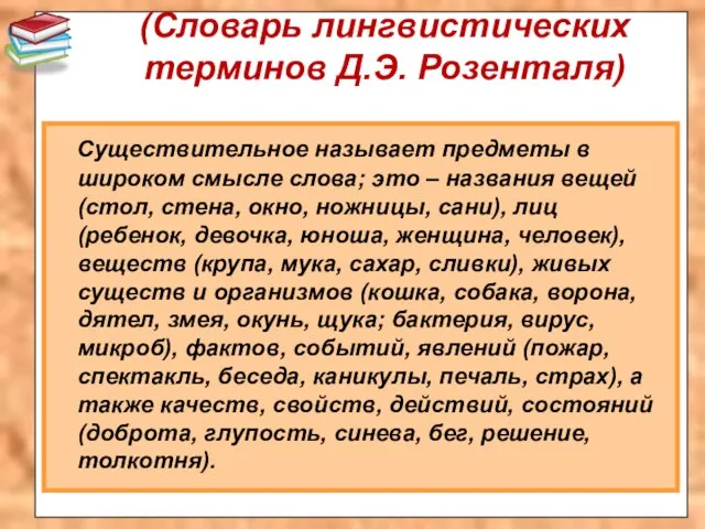 (Словарь лингвистических терминов Д.Э. Розенталя) Существительное называет предметы в широком смысле