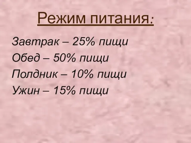 Режим питания: Завтрак – 25% пищи Обед – 50% пищи Полдник