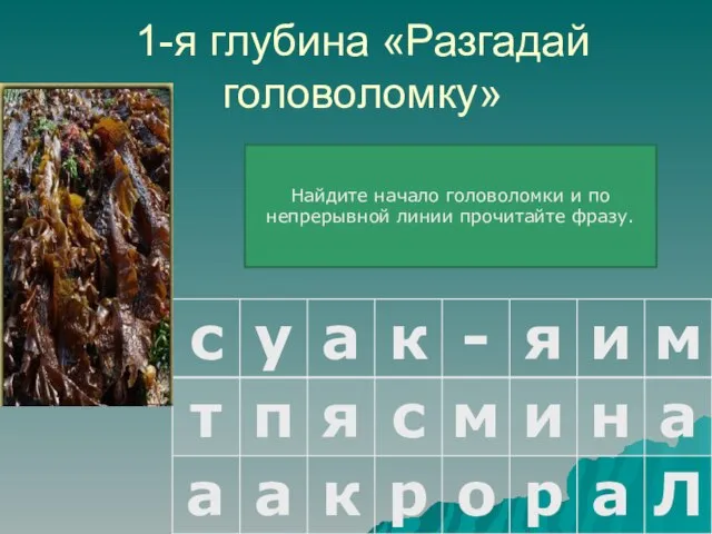 1-я глубина «Разгадай головоломку» Найдите начало головоломки и по непрерывной линии прочитайте фразу.