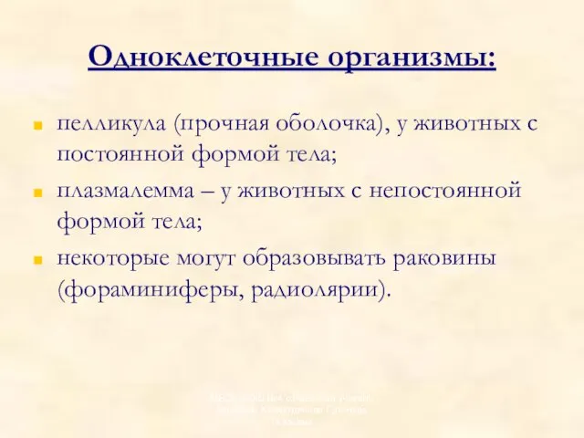 Одноклеточные организмы: пелликула (прочная оболочка), у животных с постоянной формой тела;