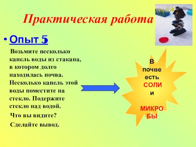 Практическая работа Опыт 5 Возьмите несколько капель воды из стакана, в