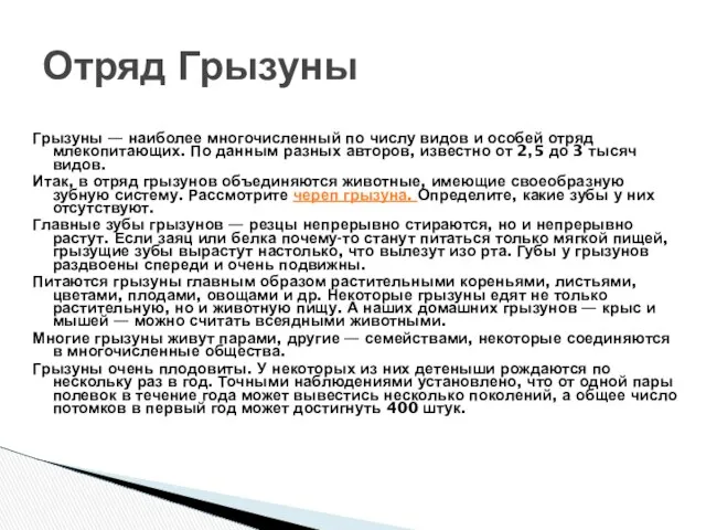 Грызуны — наиболее многочисленный по числу видов и особей отряд млекопитающих.