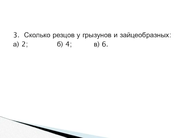 3. Сколько резцов у грызунов и зайцеобразных: а) 2; б) 4; в) 6.