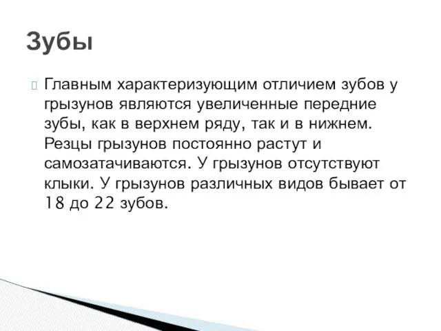 Главным характеризующим отличием зубов у грызунов являются увеличенные передние зубы, как