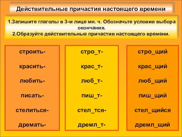 Действительные причастия настоящего времени строить- красить- любить- писать- стелиться- дремать- стро_т-