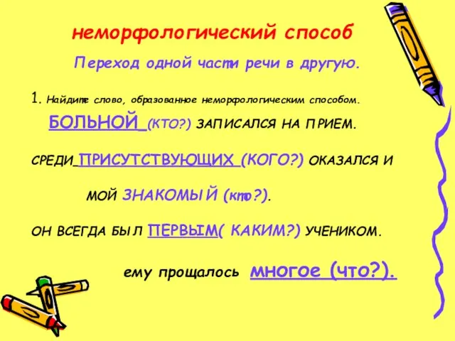 неморфологический способ неморфологический способ Переход одной части речи в другую. 1.