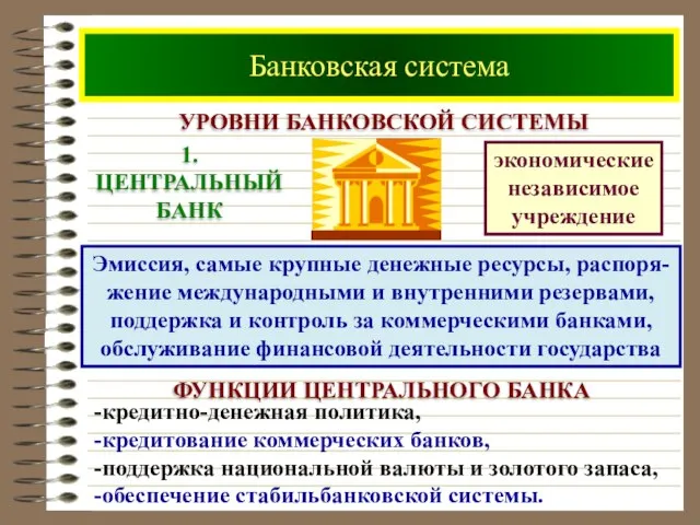 Банковская система УРОВНИ БАНКОВСКОЙ СИСТЕМЫ Эмиссия, самые крупные денежные ресурсы, распоря-