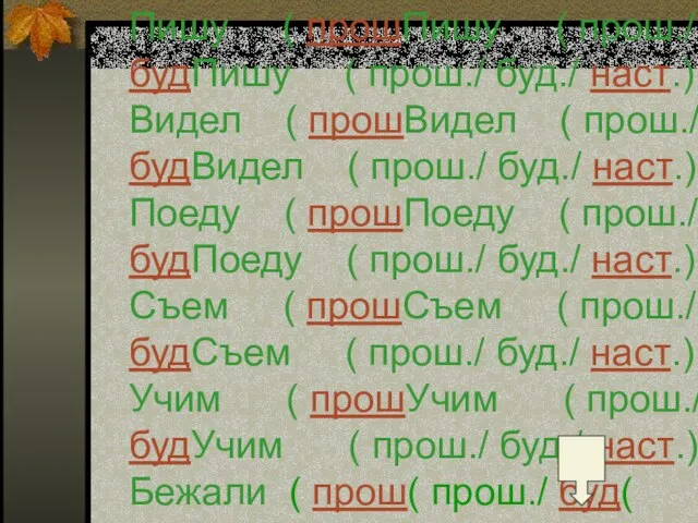 Определите время глагола. Пишу ( прошПишу ( прош./ будПишу ( прош./