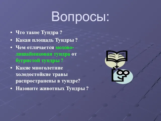 Вопросы: Что такое Тундра ? Какая площадь Тундры ? Чем отличается