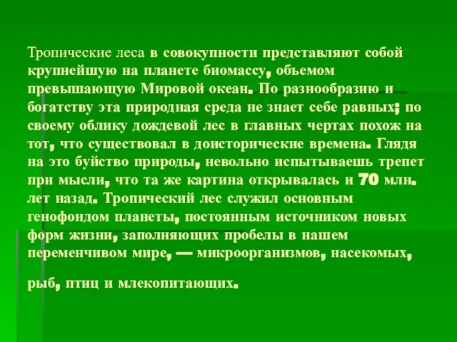 Тропические леса в совокупности представляют собой крупнейшую на планете биомассу, объемом