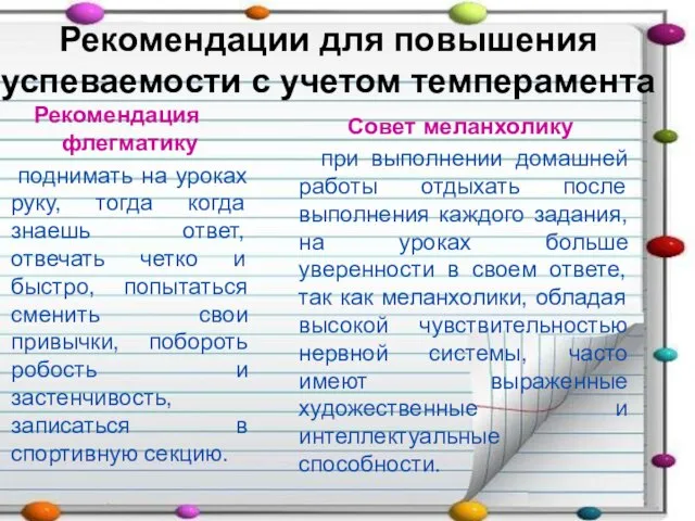 Рекомендации для повышения успеваемости с учетом темперамента Рекомендация флегматику поднимать на