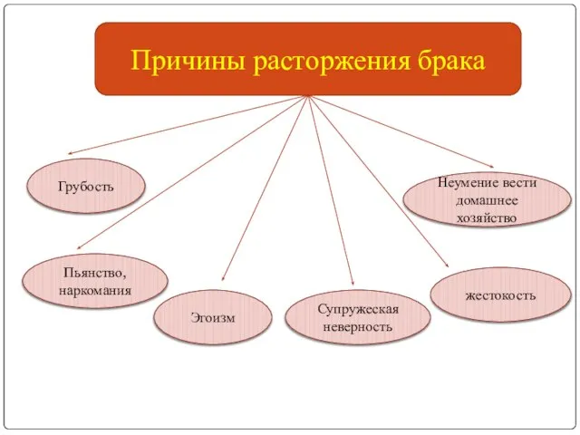 Причины расторжения брака Грубость Эгоизм Супружеская неверность жестокость Неумение вести домашнее хозяйство Пьянство, наркомания