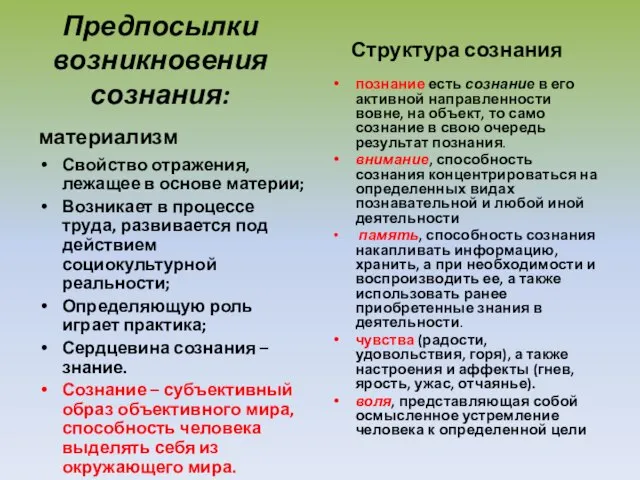 Предпосылки возникновения сознания: материализм Свойство отражения, лежащее в основе материи; Возникает