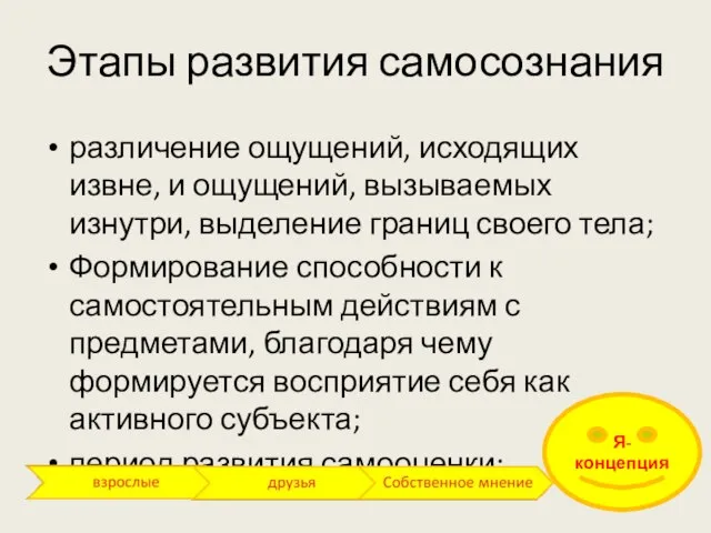 Этапы развития самосознания различение ощущений, исходящих извне, и ощущений, вызываемых изнутри,