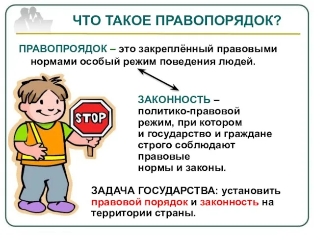 ЧТО ТАКОЕ ПРАВОПОРЯДОК? ПРАВОПРОЯДОК – это закреплённый правовыми нормами особый режим