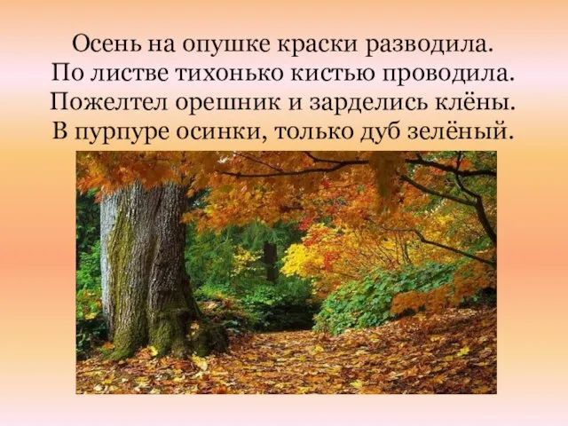 Осень на опушке краски разводила. По листве тихонько кистью проводила. Пожелтел