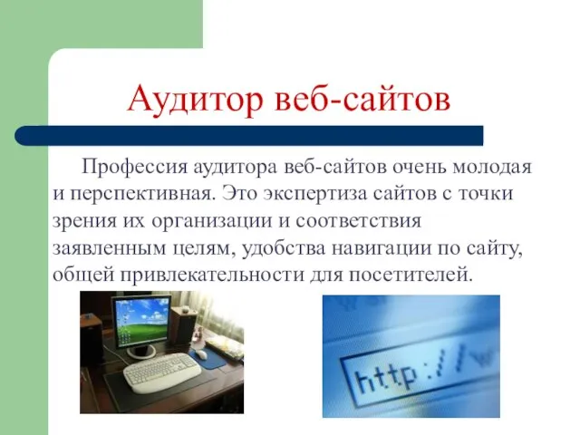 Аудитор веб-сайтов Профессия аудитора веб-сайтов очень молодая и перспективная. Это экспертиза