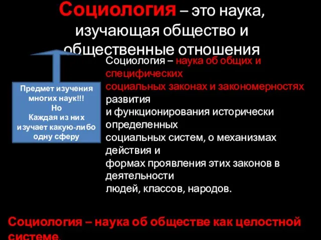 Социология – это наука, изучающая общество и общественные отношения Предмет изучения