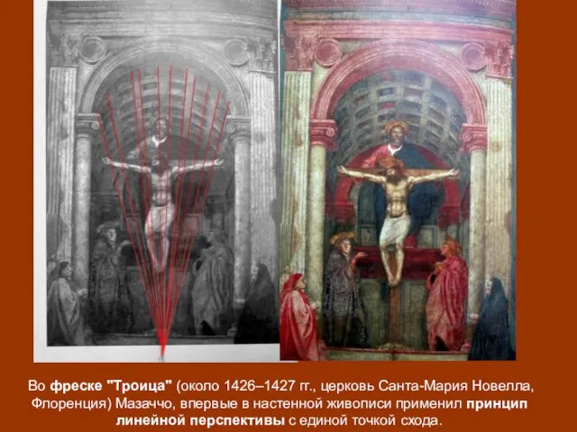 Во фреске "Троица" (около 1426–1427 гг., церковь Санта-Мария Новелла, Флоренция) Мазаччо,