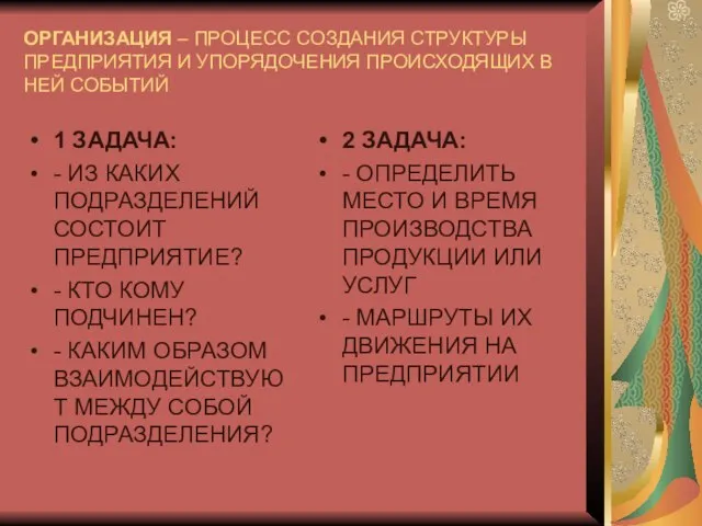 ОРГАНИЗАЦИЯ – ПРОЦЕСС СОЗДАНИЯ СТРУКТУРЫ ПРЕДПРИЯТИЯ И УПОРЯДОЧЕНИЯ ПРОИСХОДЯЩИХ В НЕЙ