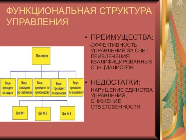 ФУНКЦИОНАЛЬНАЯ СТРУКТУРА УПРАВЛЕНИЯ ПРЕИМУЩЕСТВА: -ЭФФЕКТИВНОСТЬ УПРАВЛЕНИЯ ЗА СЧЕТ ПРИВЛЕЧЕНИЯ КВАЛИФИЦИРОВАННЫХ СПЕЦИАЛИСТОВ