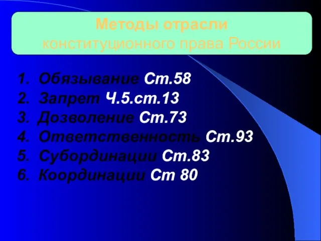 Методы отрасли конституционного права России Обязывание Ст.58 Запрет Ч.5.ст.13 Дозволение Ст.73