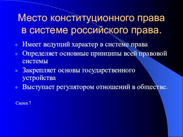 Место конституционного права в системе российского права. Имеет ведущий характер в