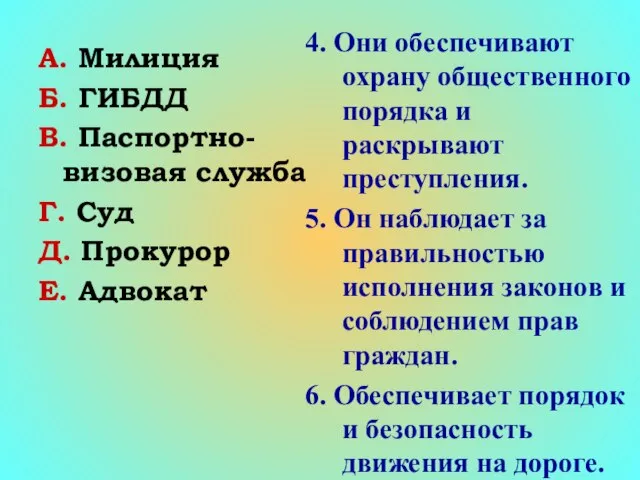 А. Милиция Б. ГИБДД В. Паспортно-визовая служба Г. Суд Д. Прокурор